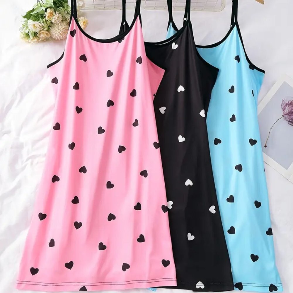 BOGO 5X Plus Size Heart Print Round Neck Contrast Trim Cami Sleep Dress Lounge